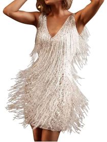Women's Layered Fringe Deep V Neck Mini Dress Sleeveless Tassels Flapper Dresses (Color: White, size: S)