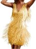 Women's Layered Fringe Deep V Neck Mini Dress Sleeveless Tassels Flapper Dresses