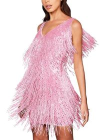 Women's Layered Fringe Deep V Neck Mini Dress Sleeveless Tassels Flapper Dresses (Color: Pink, size: 4XL)