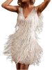 Women's Layered Fringe Deep V Neck Mini Dress Sleeveless Tassels Flapper Dresses