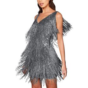 Women's Layered Fringe Deep V Neck Mini Dress Sleeveless Tassels Flapper Dresses (Color: Silver, size: S)