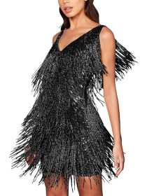 Women's Layered Fringe Deep V Neck Mini Dress Sleeveless Tassels Flapper Dresses (Color: Black, size: L)