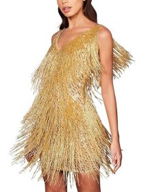 Women's Layered Fringe Deep V Neck Mini Dress Sleeveless Tassels Flapper Dresses (Color: Yellow, size: M)
