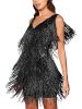 Women's Layered Fringe Deep V Neck Mini Dress Sleeveless Tassels Flapper Dresses