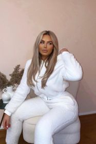 Chic Teddy Borg Cropped Top & Jogger Lounge Set (Color: Off White, size: 8)