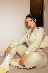 Chic Teddy Borg Cropped Top & Jogger Lounge Set (Color: Beige, size: 6)